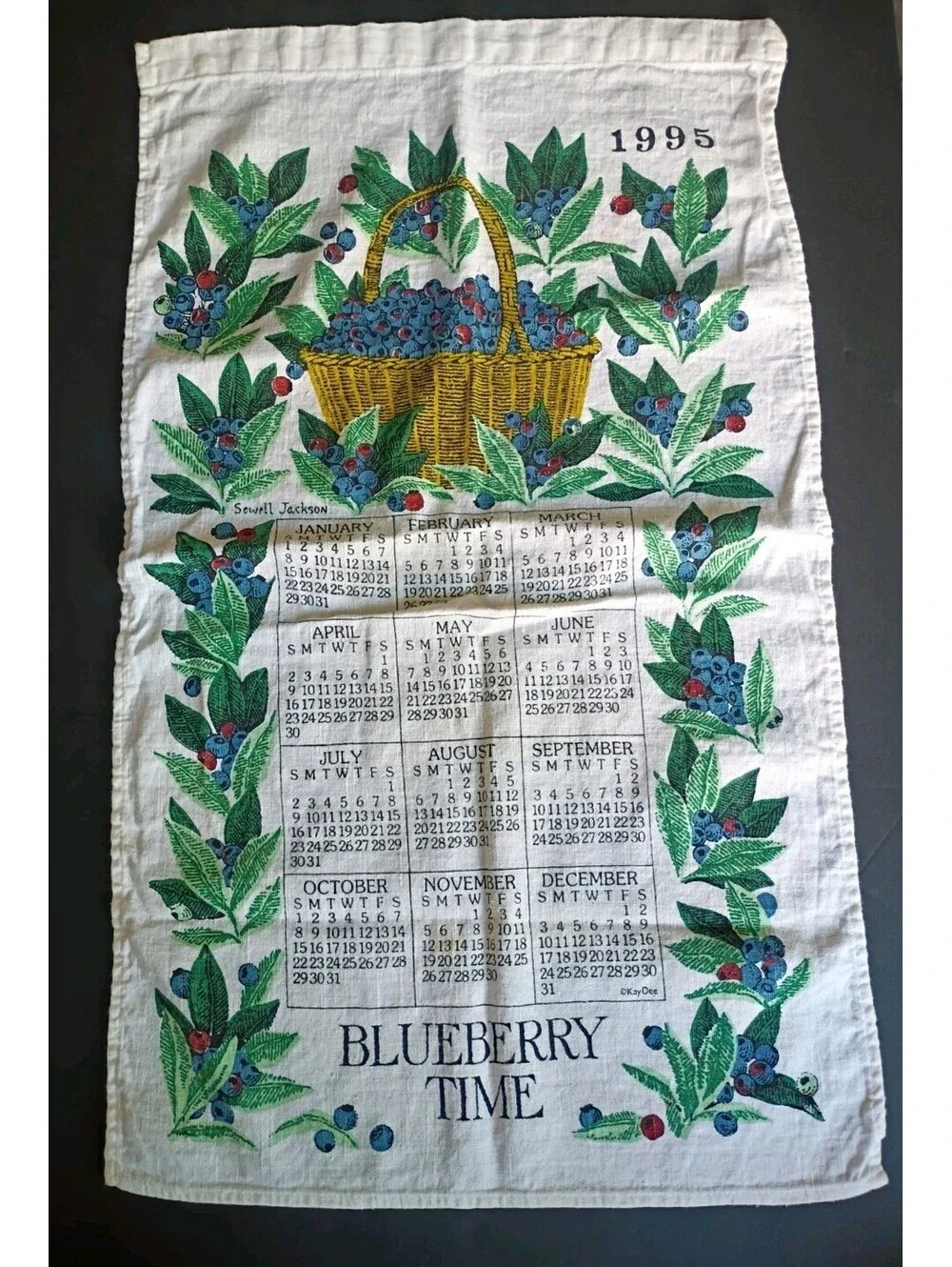 Vintage Y2K Linen Tea Towel Calendar Wall Hanging 1995 Blueberry Time Basket